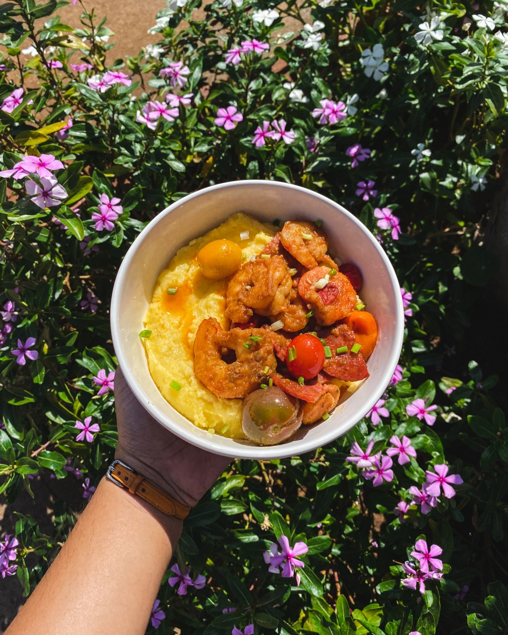 Polenta au fromage – crevettes et&nbsp;chorizo